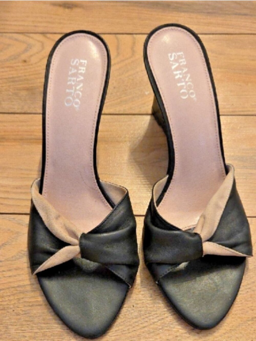Franco Sarto Leather Mules Size 8 Black Cream Bow Slip On Heels